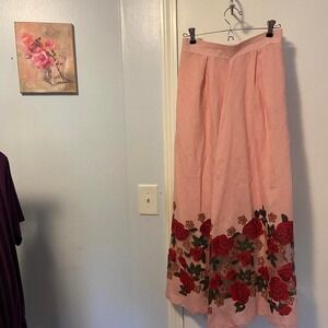 So Pretty Pink Maxi Skirt with Red Roses Size 9-10